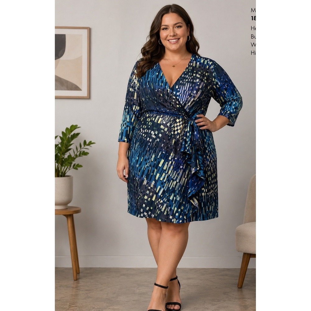 Ivy & Blu Dress Womens 22W Blue Maggy Boutique Faux Wrap Geometric 3/4 Sleeve
